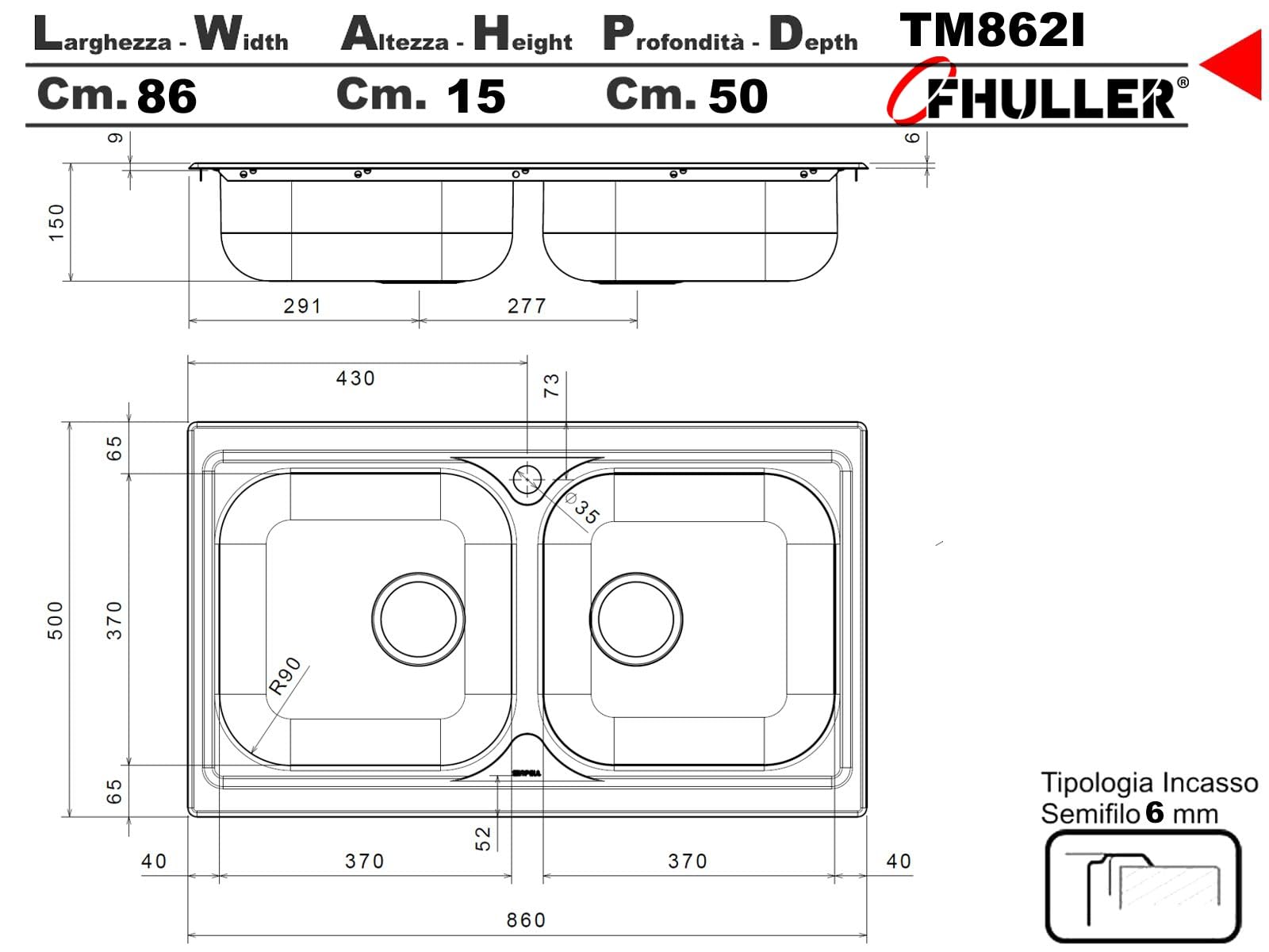 TM862IBC Lavello da incasso 2 vasche | Acciaio Inox Prelucido | 86x50 cm | Foro Scarico 3,5” | Lavello Cucina Resistente, Igienico e Facile da Pulire