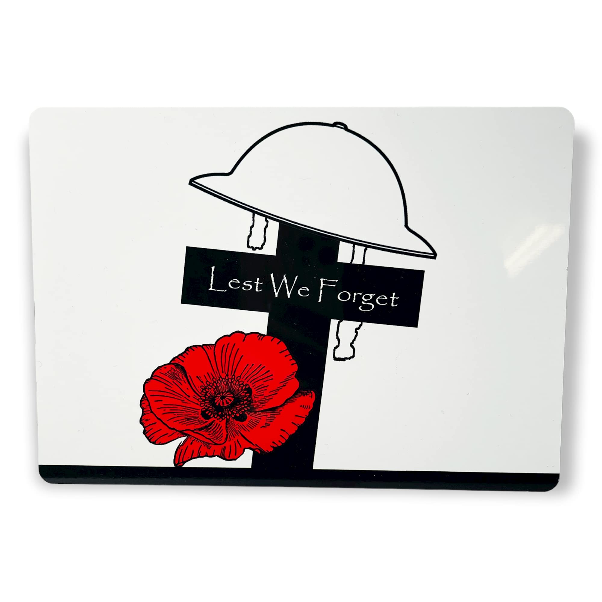ShopQuality4U A4 Military Poppy Lest We Forget Printed on White Metal Aluminium Plaque Cross and Helmet Poppy Set, Remembrance Day Gift