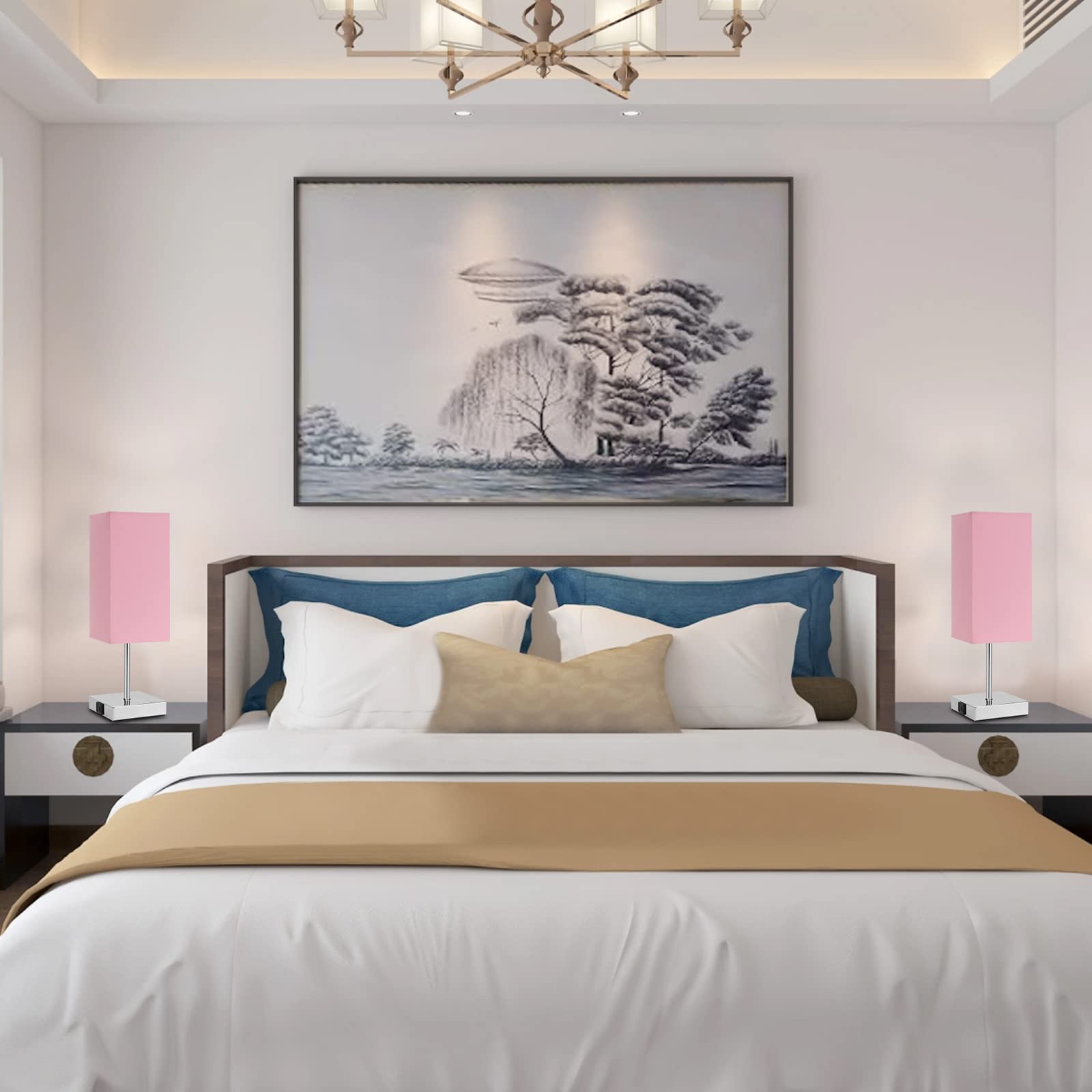 Touch Lamps for Bedrooms Set of 2, Bedside Lamp with Charging Station, Small Table Lamp with USB Port and Outlet, 3-Way Dimmable Nightstand Lamp for Living Room(LED Bulb Included) (Square, Pink Blush)