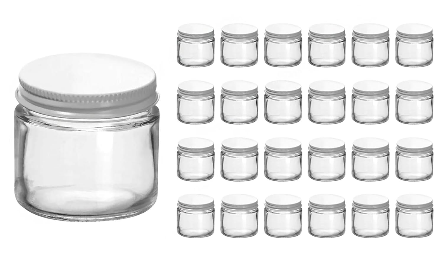 24 Count Small Glass Jars with Lids, 2 oz Clear Glass Jars w/ White Metal Plastisol Lined Caps, Canning Jars, Spice Jars, Food Containers, Empty Glass Jars for Preserves, Spices, Samples, Cosmetics