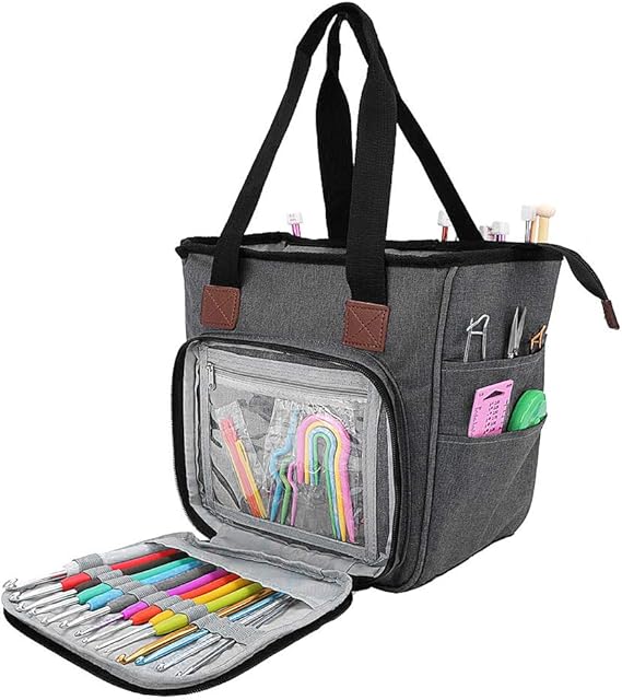 SumDirect Yarn Bag, Knitting Organizer Tote Bag Portable Storage Bag for Yarns, Carrying Projects, Knitting Needles, Crochet Hooks, Manuals and Other Accessories (Grey)