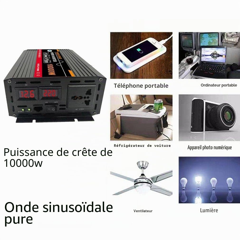 Convertisseur 12v 220v Pur Sinus 12000W Onduleur, Convertisseur de Tension avec écran LDE et 2 Prise Européenne, Adaptateur de Chargeur de Voiture Rapide USB,12VTo220V-10000W