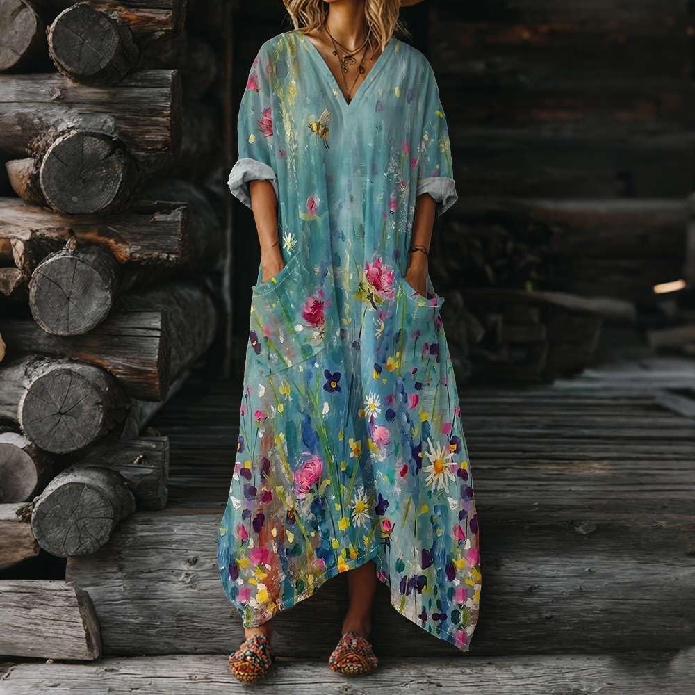 Vestito Estivi Donna Lunghi Boho Chic in Lino Effetto Scollo a V Maniche a 3/4 Abito Maxi Vestiti Vintage con Tasche Elegante e Comodo Kaftan Mare Vacanza Estate Taglie Forti Curvy Copricostume