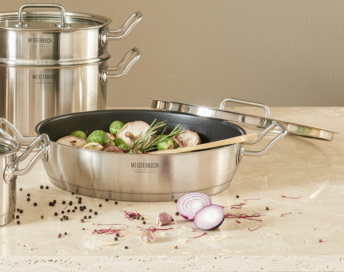 Meisterkoch Servierpfanne Bratpfanne 32 cm Induktion, Antihaft | Pfanne aus Edelstahl mit Antihaft-Beschichtung, Glasdeckel