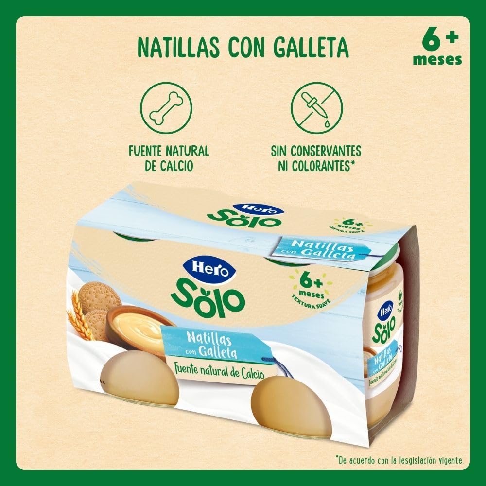 Hero Solo Tarrinas de Natillas con Galleta, Fuente Natural de Calcio, Sin Aceite de Palma, 6 Packs de 2x130gr