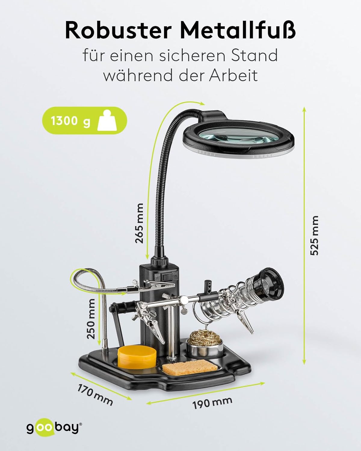 Goobay Soldering Aid with dimensions and robust metal base