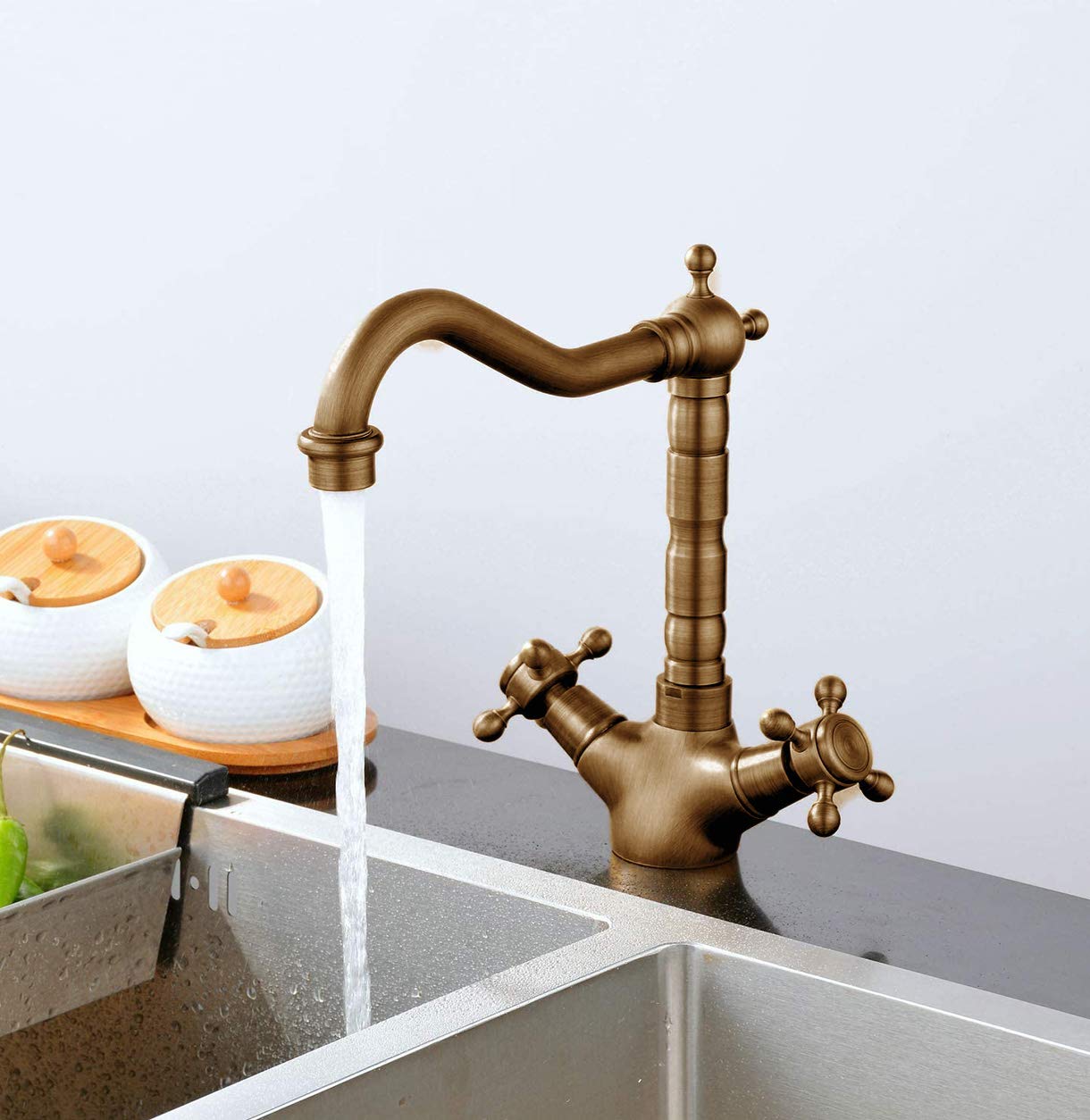 HomeLava antieke wastafelarmatuur messing retro twee handgrepen dubbele greep mengkraan badkamer wastafel gepolijst goud met kruisgreep
