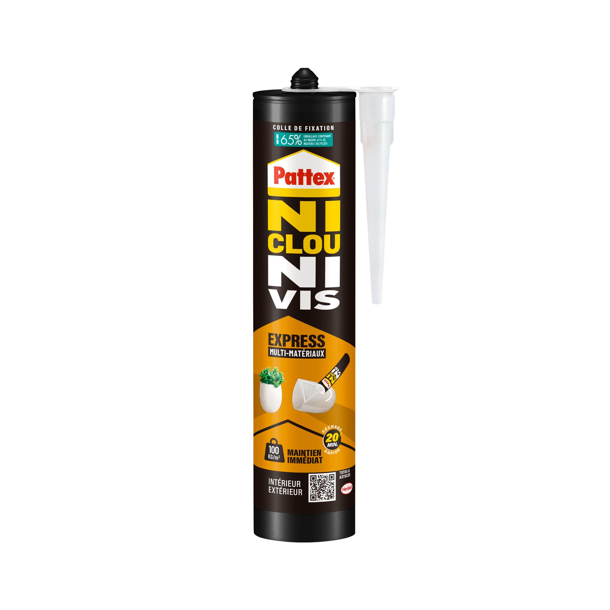 Pattex Ni Clou Ni Vis Fix Express, colle de fixation express, séchage en 20 min, colle forte résistante à l'humidité, mastic blanc, cartouche de 390 g