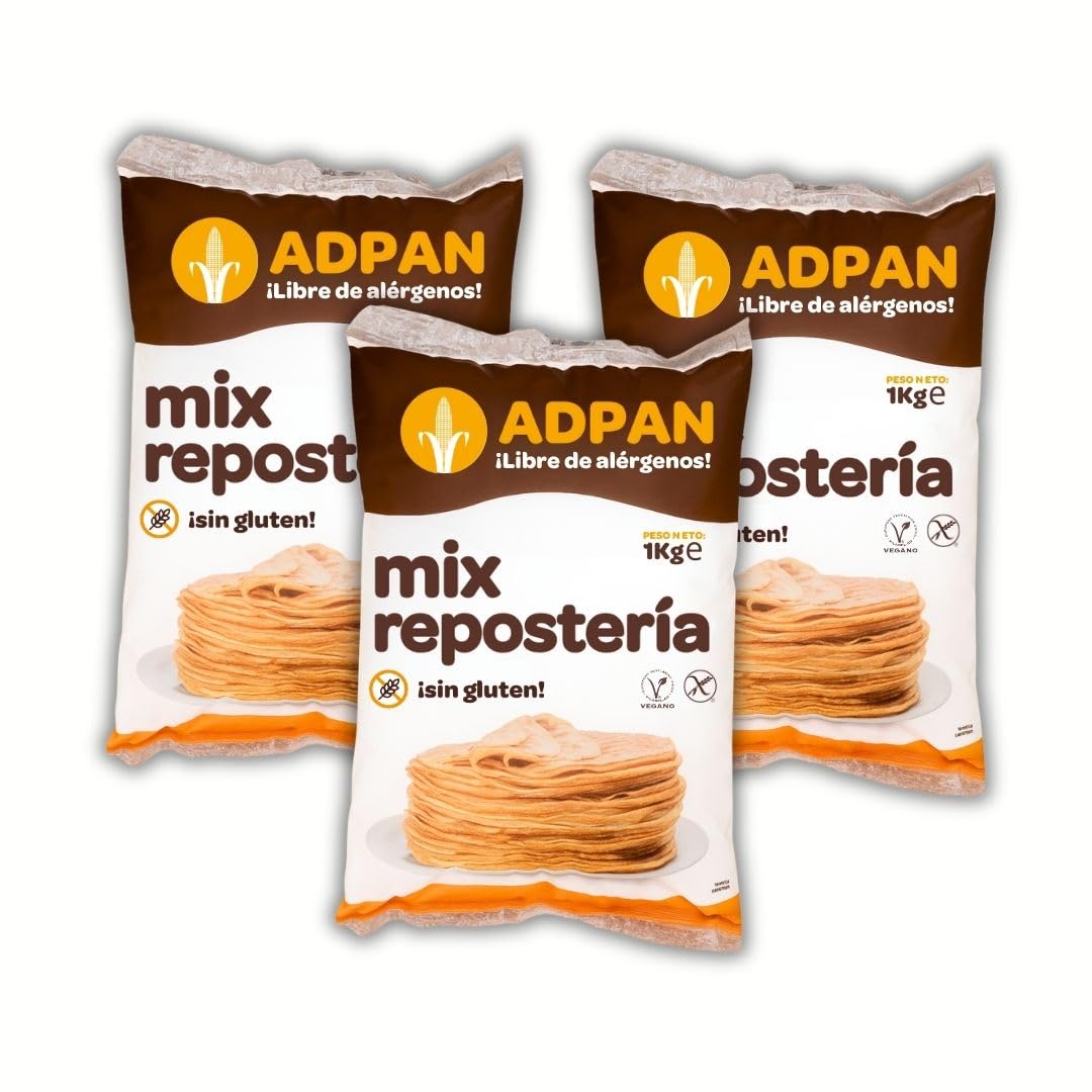 ADPAN Mix de Repostería Sin Gluten – Preparado para Postres Sin Alérgenos, Sin Gluten, Mezcla en Polvo Vegana para Repostería Casera – Pack de 3 Bolsas de 1 kg
