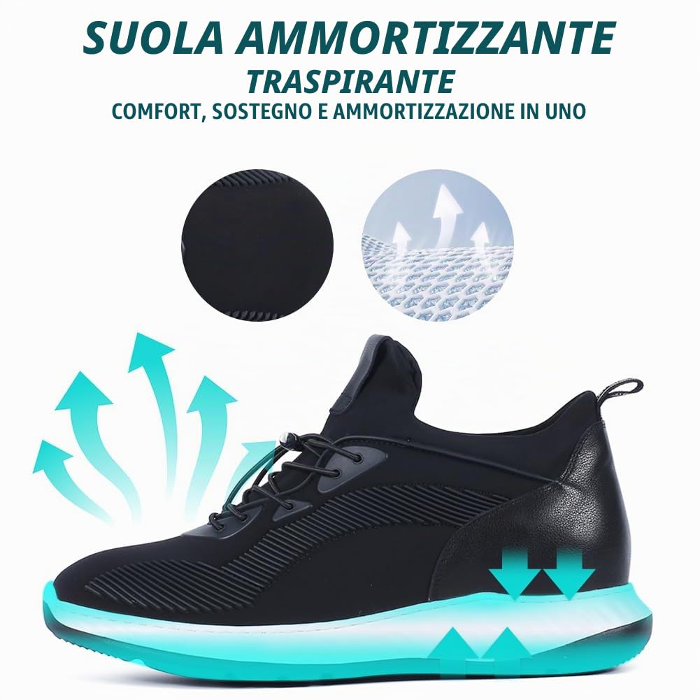 CHAMARIPA Scarpe Rialzate Uomo 6 cm Aumento Altezza Invisibile, Sneaker con Lacci Elastici a Punta Tonda in Tessuto/Pelle Morbida Nera 42EU