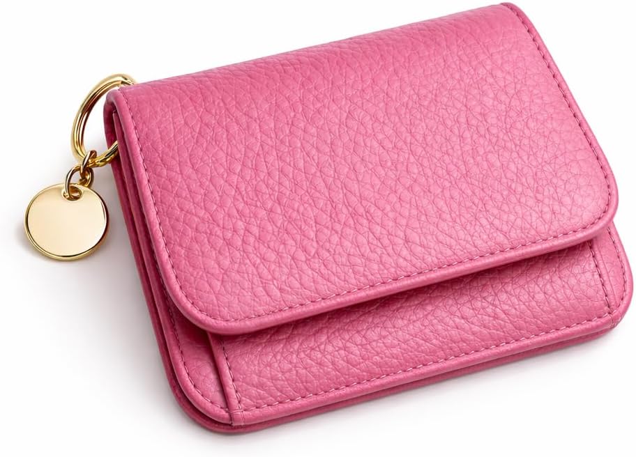 Small Wallet for Women RFID Blocking Genuine Leather Slim Keychain Wallet Tri-Fold Card Case with Coin Pocket (Pink)