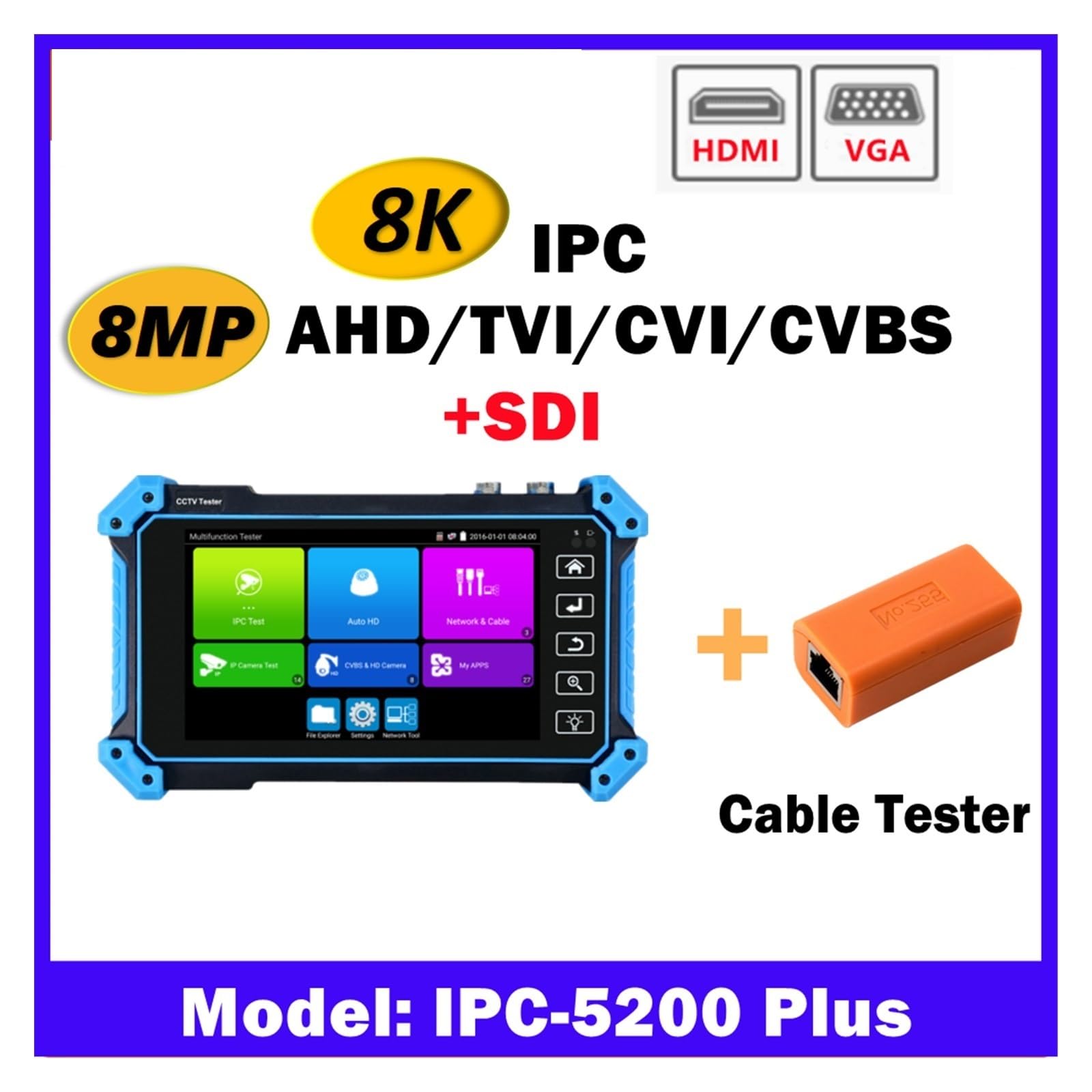 IP-Kameratester, IPC-5200Plus CCTV IPC Tester 8MP AHD CVI TVI Kamera VGA HDMI Eingang Sicherheit Überwachung Netzwerk Kabel Test(IPC-5200)