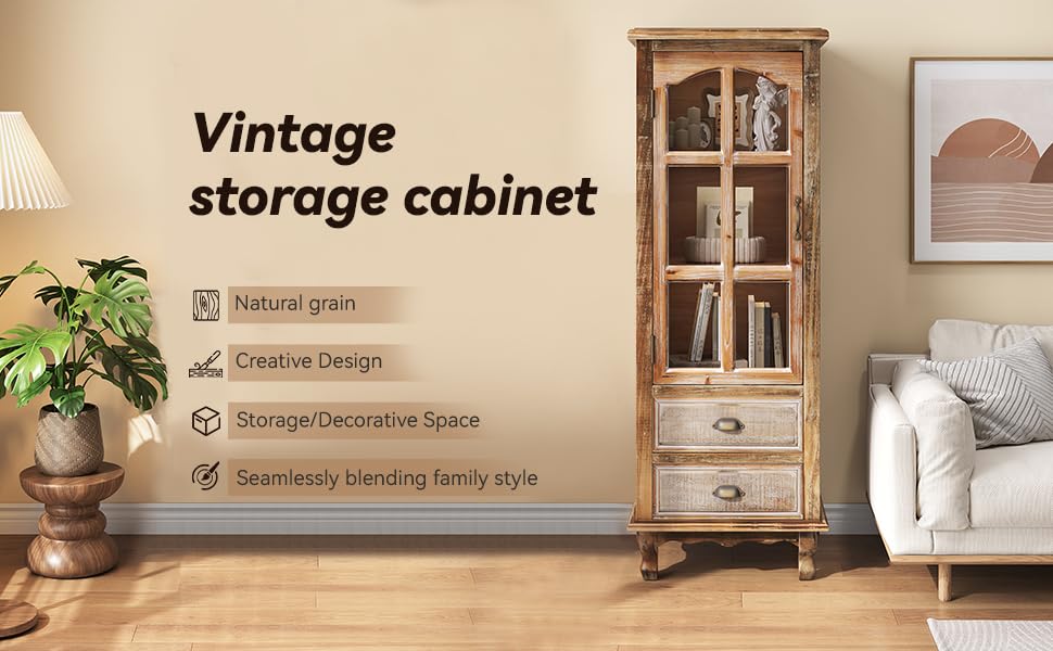 Image of Vintage Tall Wood Storage Cabinet with Glass Door and Drawers - Single Door Display Cabinet for Living Room, Office, or Entryway