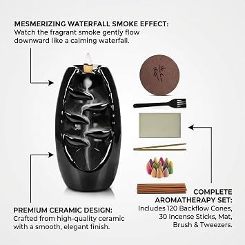 Ceramic Backflow Incense Burner Waterfall | 120 Backflow Incense Cones | 30 Incense Stick | 1 tweezer |1 Villus Mat | 1 Sponge |1 Cleaning Brush (Black)