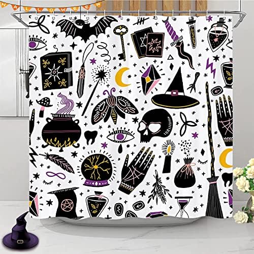 JOOCAR Halloween Shower Curtain Alchemy Magic Witch Witchcraft Bohemian Shower Curtain Sets, No Odor Rust Proof Grommets, Eco-Friendly, Black and White