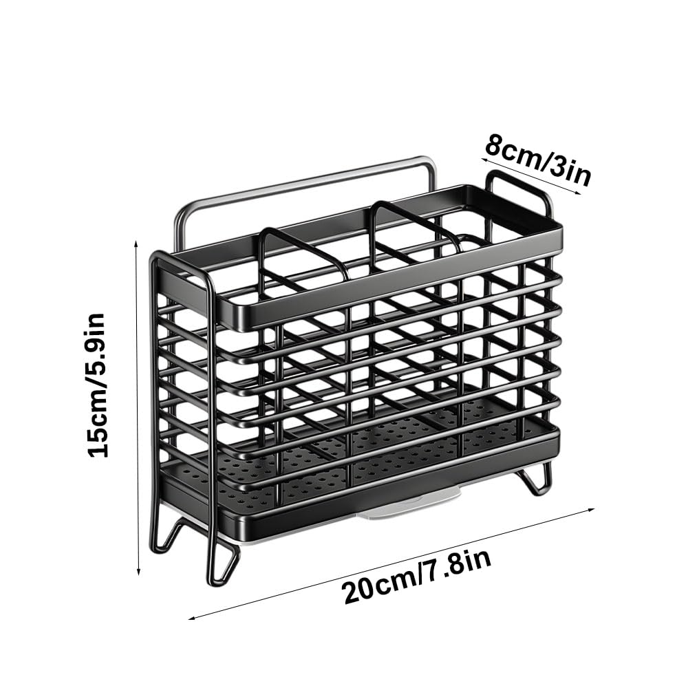 Jadin Porta Mestoli da Cucina, Poggia Mestolo Cucina, Porta Utensili da Cucina, Cestello Posate in Acciaio Inox con Scolapiatti, 3 Scomparti, Senza Fori, Fissaggio a Parete/ Tavolo, Rimovibile, Nero