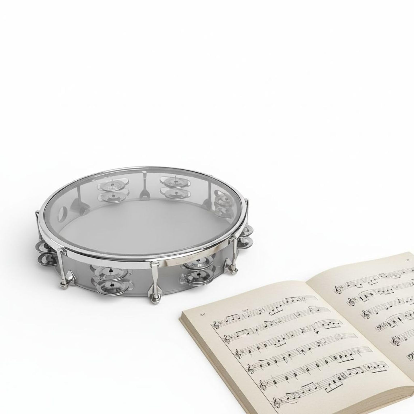 Tamburin mit doppelter Reihe, 10 Zoll / 25 cm, verstellbar, transparentes Percussion-Instrument mit Metallrahmen, leichtes Handtamburin für junge Musiker und Auftritte, Silber