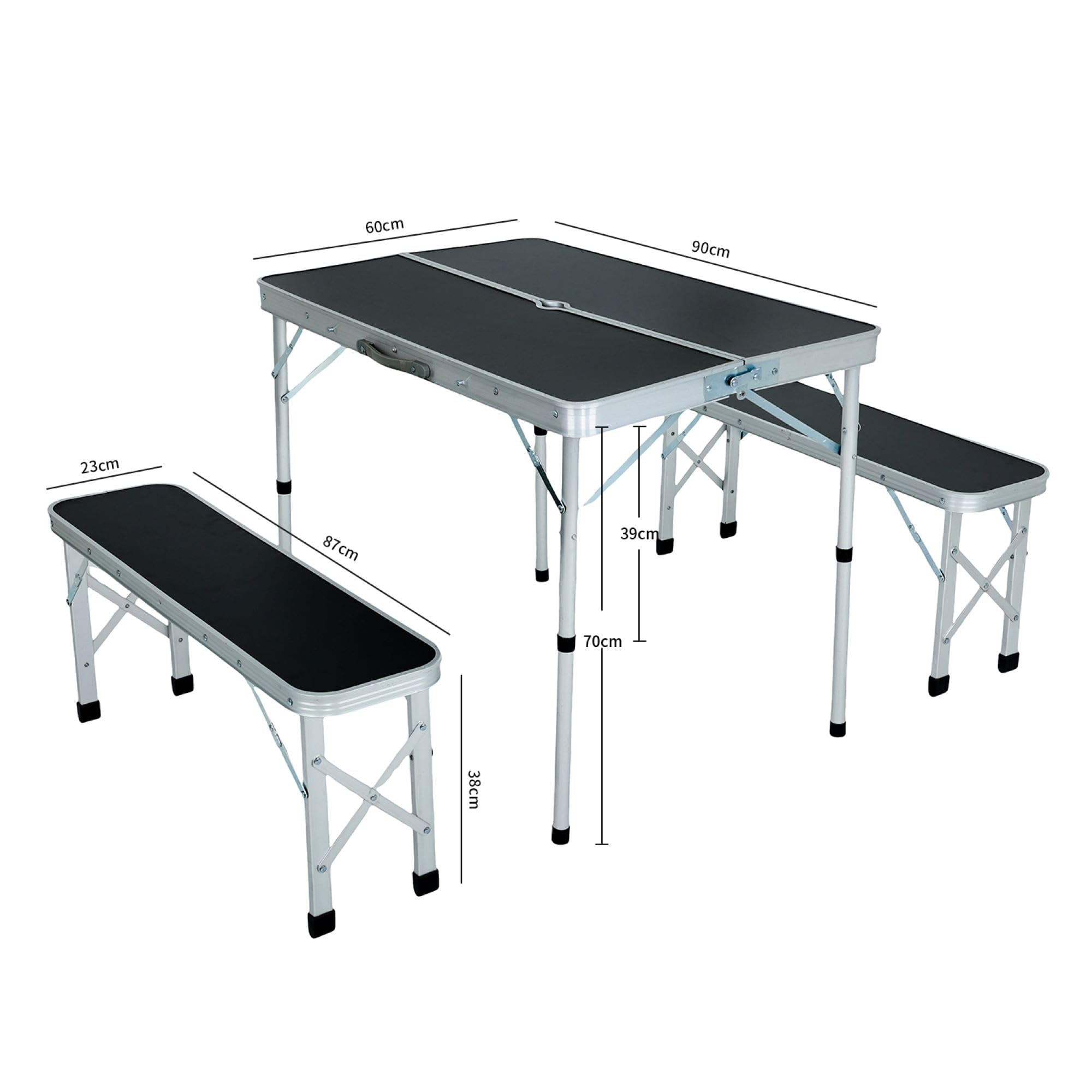 AKORD | Ensemble de Voyage Roi | Table + 2 bancs | Mobilier de Camping | pour Le Jardin | Pliable | Construction Durable | Portable | Léger | Aspect Classique | Norme en 581 | Noir