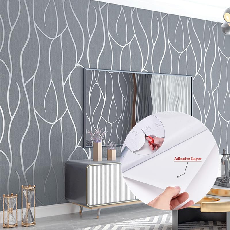 Image of CRIMSON DECORS Grey&Silver Freestyle SELF Adhesive Wallpaper for Living Room Bedroom Office Hall Corridor Peel and Stick Vinyl Wallpaper - 200X45 CM - 9 SQFT