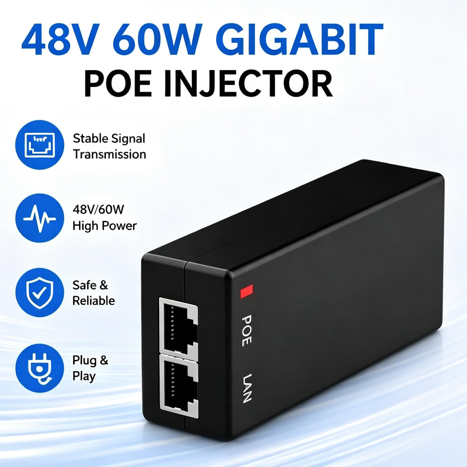 Gigabit Wtryskiwacz PoE 48 V 60 W, adapter Ethernet z 2 portami RJ-45, zgodny z IEEE 802.3af/at/bt do eero PoE 6, UniFi U6 Pro, U6 Mash Pro, G5 Bullet, Reolink RLC-810A/820A kamera IP, bezprzewodowy