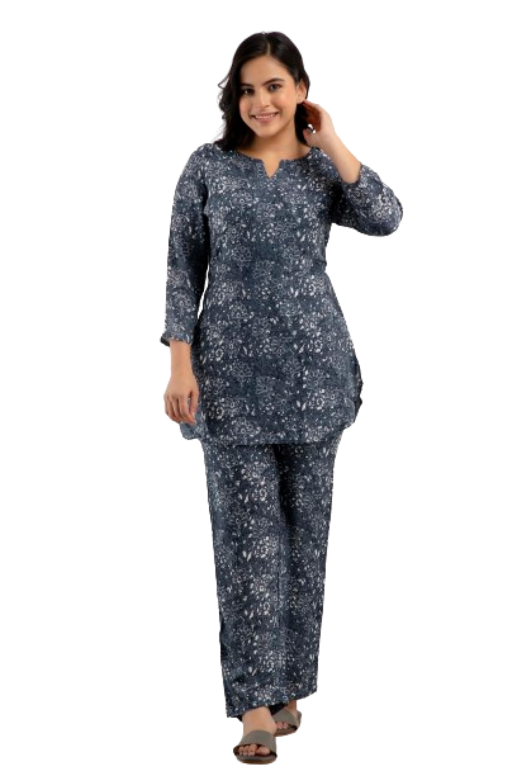Rayon Printed Plus Size Night wear Pyjama Set/Pajama Night Suit Set/Sleep wear Set/Loungewear Set/Coord Set Grey Color-image-43