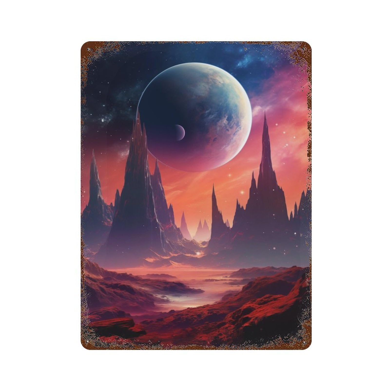 Alien Planet Landscape Rustic Tin Plaque 15.7"x11.8", Ideal for Shed, Workshop And Garage Wall Decor