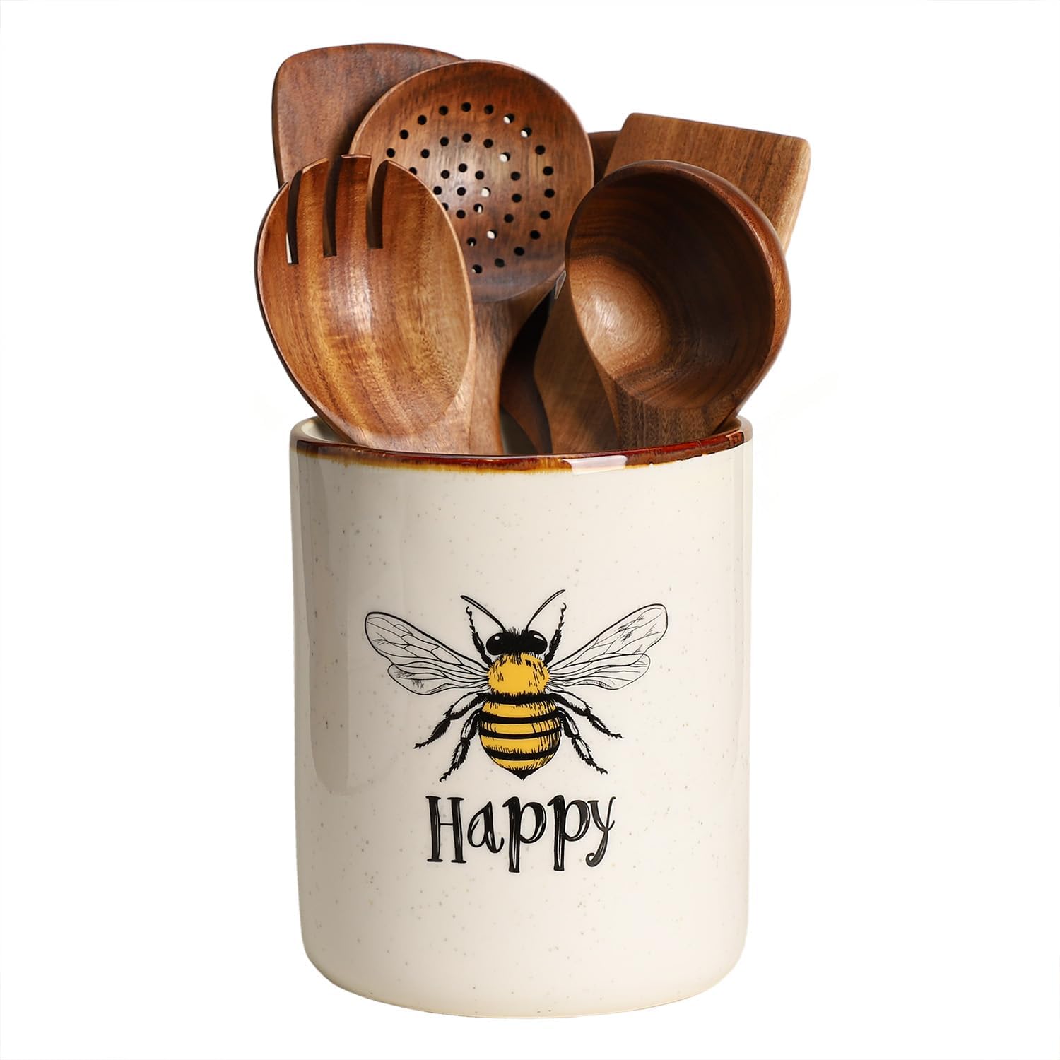 SOCOSY Bee Happy Ceramic Kitchen Utensil Holder For Countertop Large Cooking Utensil Crock Holder Spatula Holder-Yellow