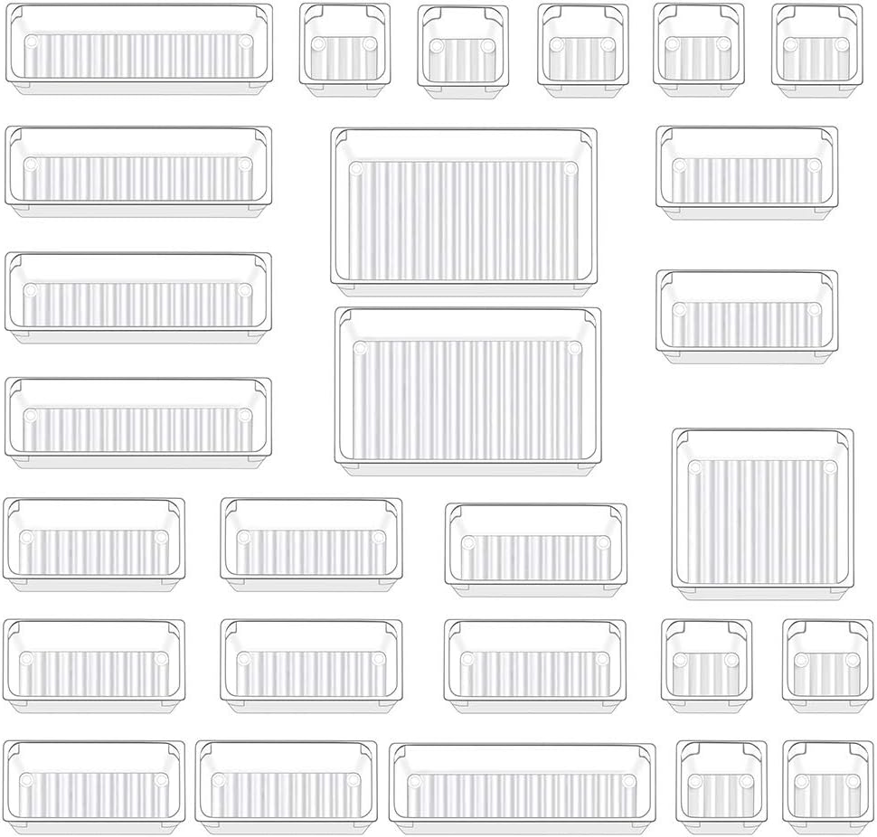 Qozary 27 Pack Clear Plastic Drawer Organizer Containers, Storage for Desk Drawers Trays, Kitchen Bathroom Makeup Drawer Dividers with Large Capacity Bins, 5-Size Trays for Bedroom Dresser Drawer
