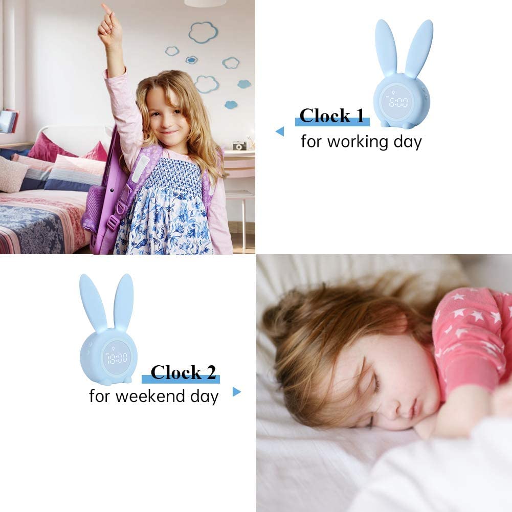 YONGYAO Wecker Kinder Lichtwecker Hasen wecker Kinderwecker Jungen blau Rabbit Alarm Clock mit Schlummerfunktion, 6 Laute Geräusche, zeitgesteuertes Nachtlicht Geschenk für Kinder Kawaii Deko