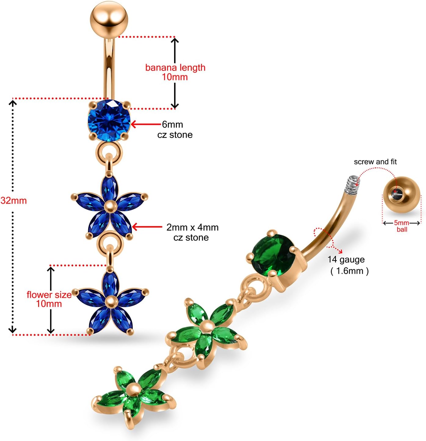 Rose Gold Plated CZ Stone Round with Double Daisy Flower Dangling Design 925 Sterling Silver with 14 Gauge, 10mm Length Stainless Steel Belly Ring - Belly Button jewelry - Navel jewelry