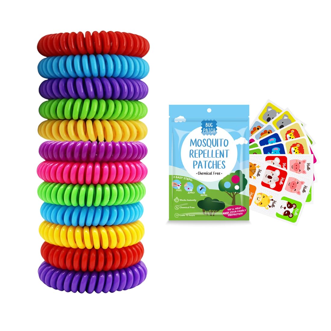 Set 10 Bracciali Antizanzare a Spirale + 36 Cerotti, Braccialetti Antizanzare con Oli Essenziali Naturali, Senza DEET, per Famiglia e Bambini, per Attività All'aperto e Viaggi