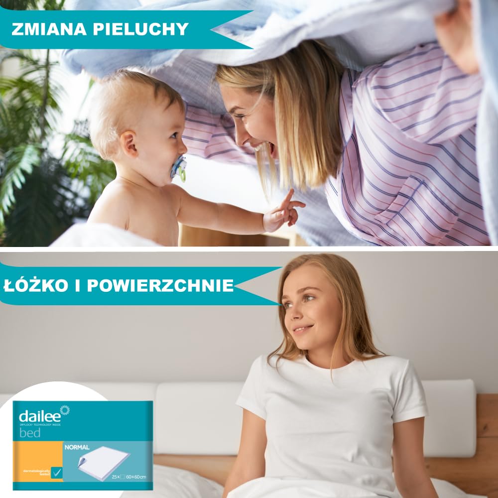 Dailee Bed 60x60 - 150x Baby Podkładki - Zmiana noworodków i zmiana pieluchy - 6 paczek po 25 sztuk, oferta Wygoda