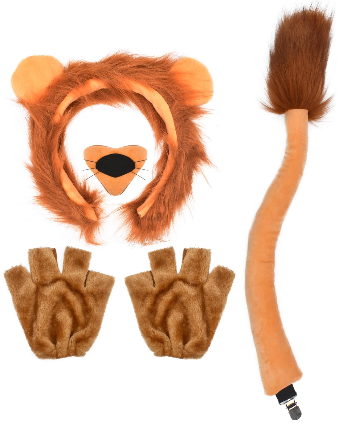 HODRME 5 Pieces Lion Ears and Tail Set-Lion Headband Nose Tail Paw Gloves Cosplay Party Halloween Costume Accessories for Kids and Adults