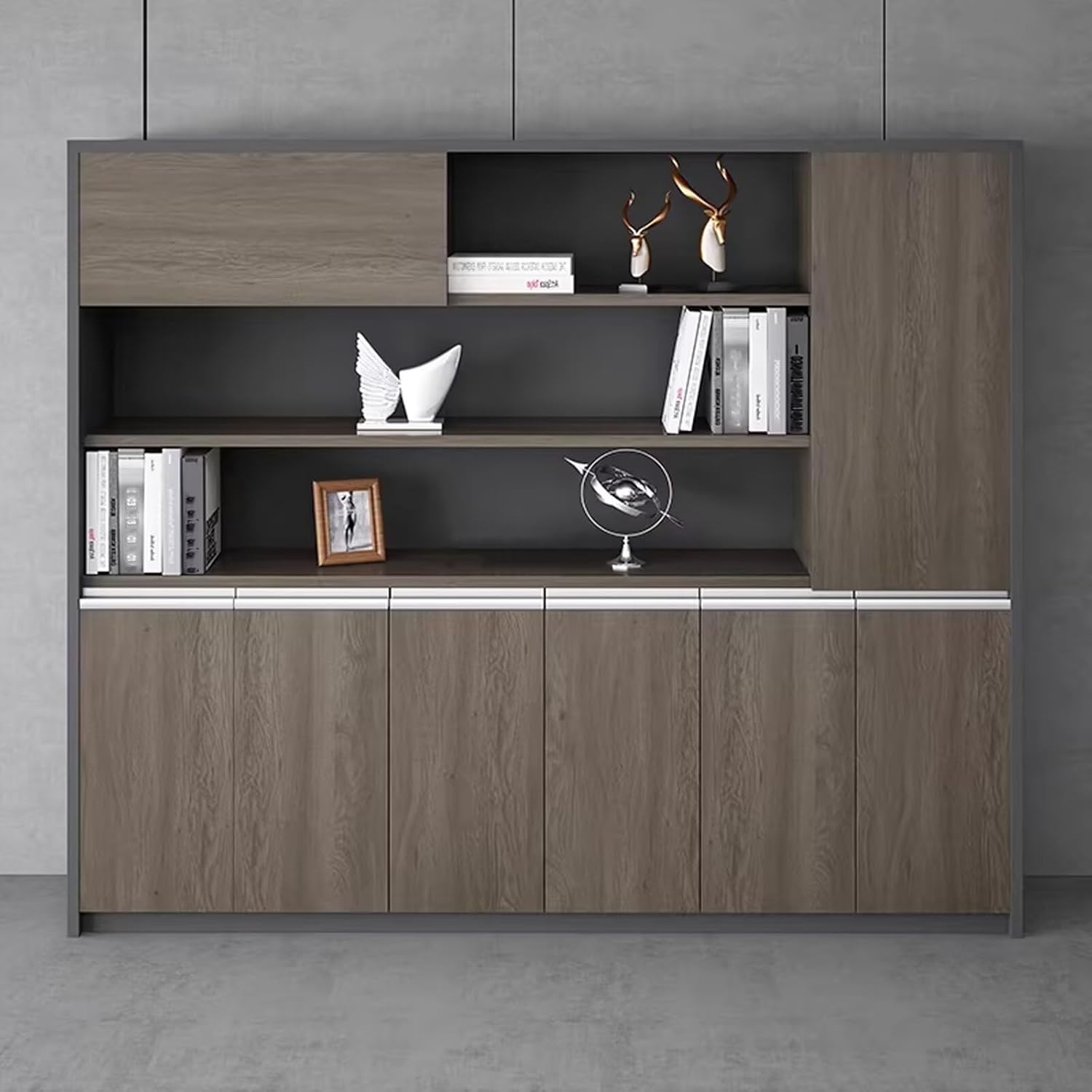 Bookshelf - Modern Bookcase with Brown Wood Grain Hidden Handle Tall File Cabinet Includes Open Storage Rack Closet
