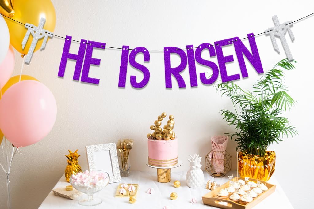 He is Risen Banner,Easter Party Decorations,Religious Easter Resurrection Party Deocr,Religious Holiday Supplies,Happy Easter Party Decorations Purple Silver
