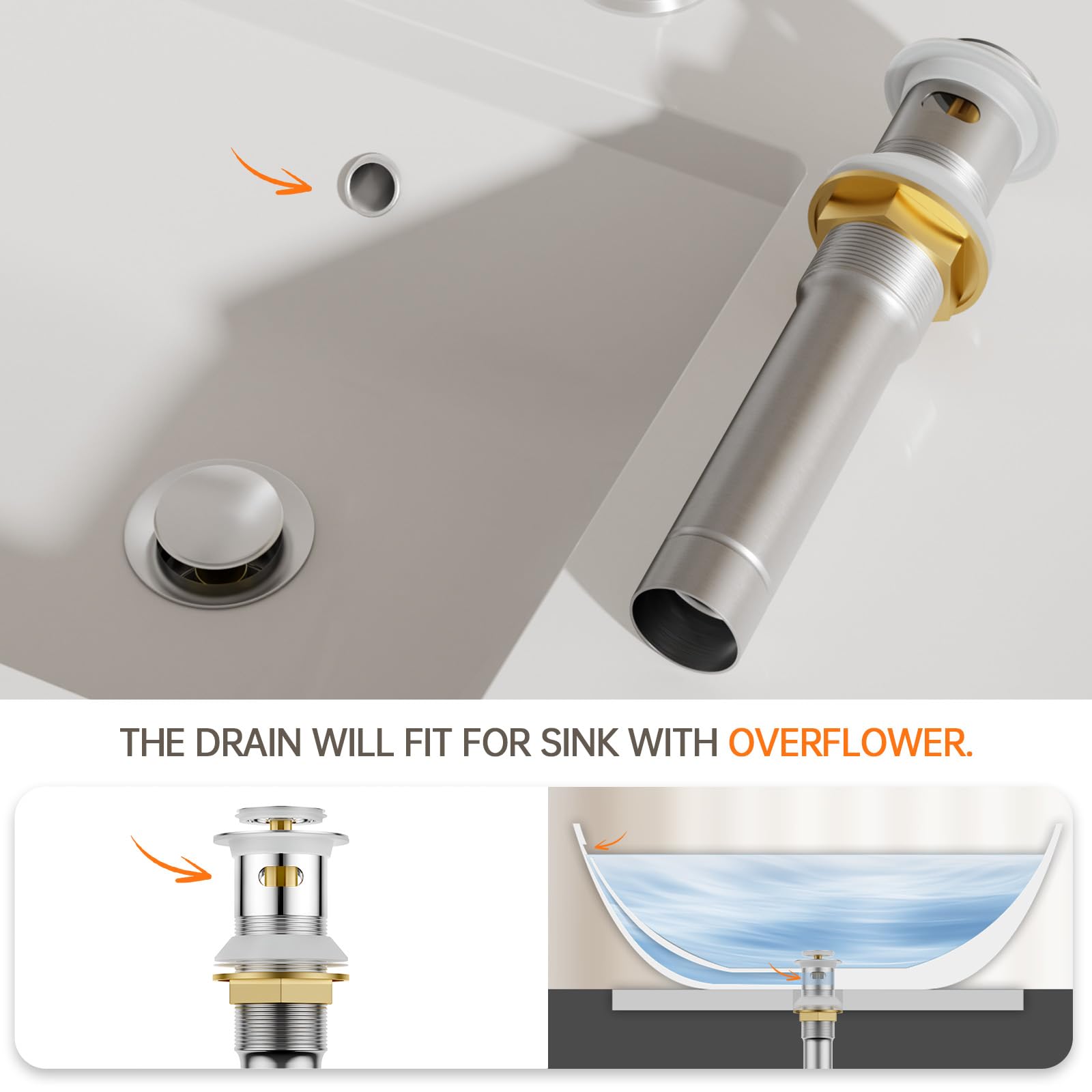 Brushed Nickel Pop-Up Bathroom Sink Drain With Overflow – Solid Brass, 2-Pack, Easy Install - View #6