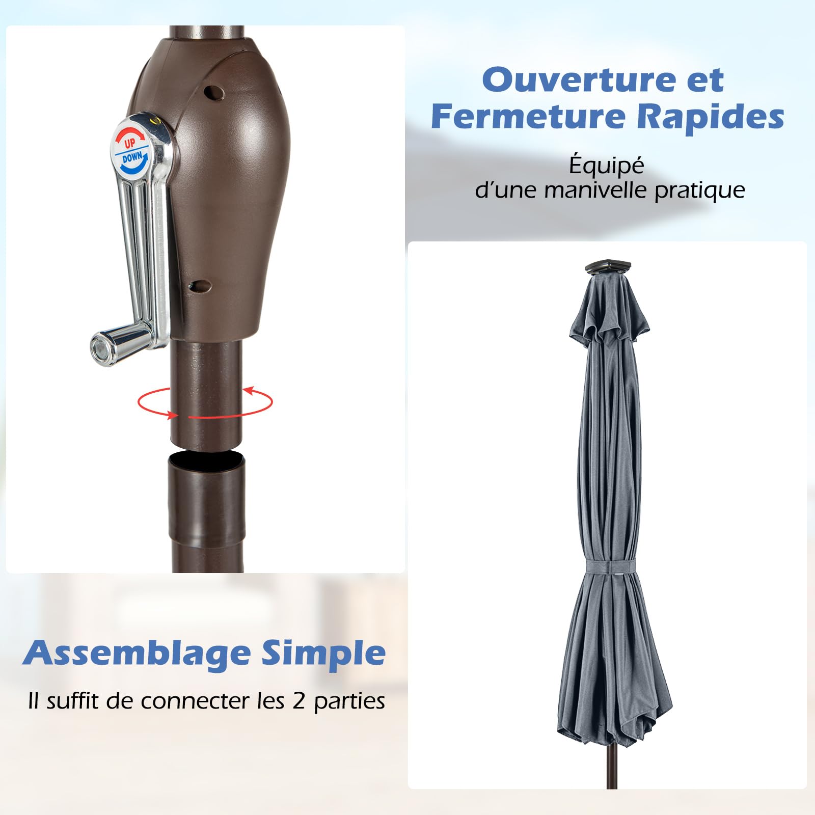 RELAX4LIFE Parasol Inclinable LED 3M à 8 Baleines en Fibre de Verre, Gris