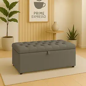 Puff Baú Pé De Cama 90 Cm Sued Capitone Armazenamento Quarto Decorativo Confortável(Cinza,Tampa Capitonê 4 cm De Altura)