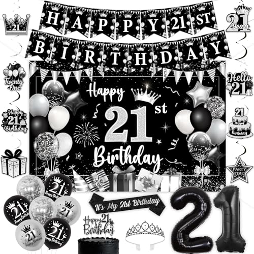 Décoration 21e anniversaire élégante en noir et argent avec arrière-plan en tissu