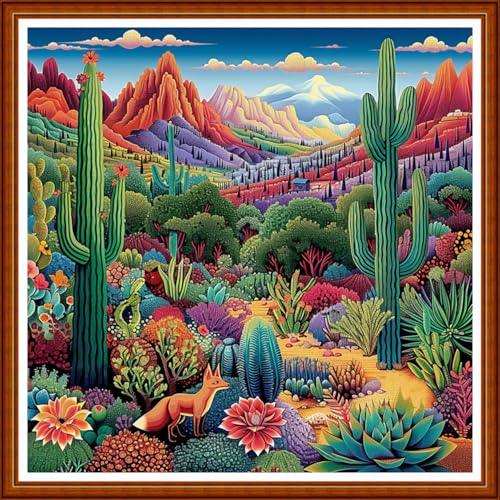 Image of Joyhoor Stamped Cross Stitch Kits for Beginners Needlepoint Kits for Adults Embroidery Kits 11CT Counted Cross Stitch Kits Printed Embroidery Pattern-Succulent Plant Fox 18x18 inchs