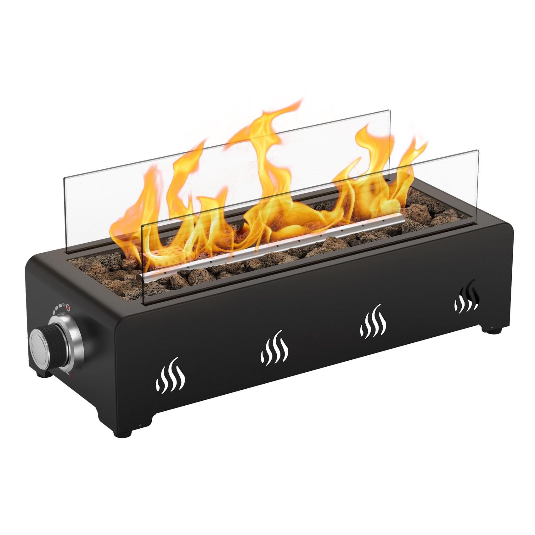 Onlyfire Tischfeuer 3,2 kW 45,7cm Kleine Feuerstelle mit Lavastein Glaswindschutz Gasdruckregler