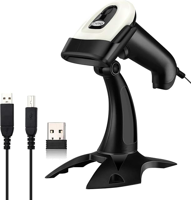 Eyoyo Wireless 1D 2D QR Barcode Scanner with Adjustable Stand, Bluetooth Wireless & 2.4G Wireless & USB Wired Handheld Automatic Barcode Reader 1D 2D Screen Scanning for Mobile Payment, Warehouse