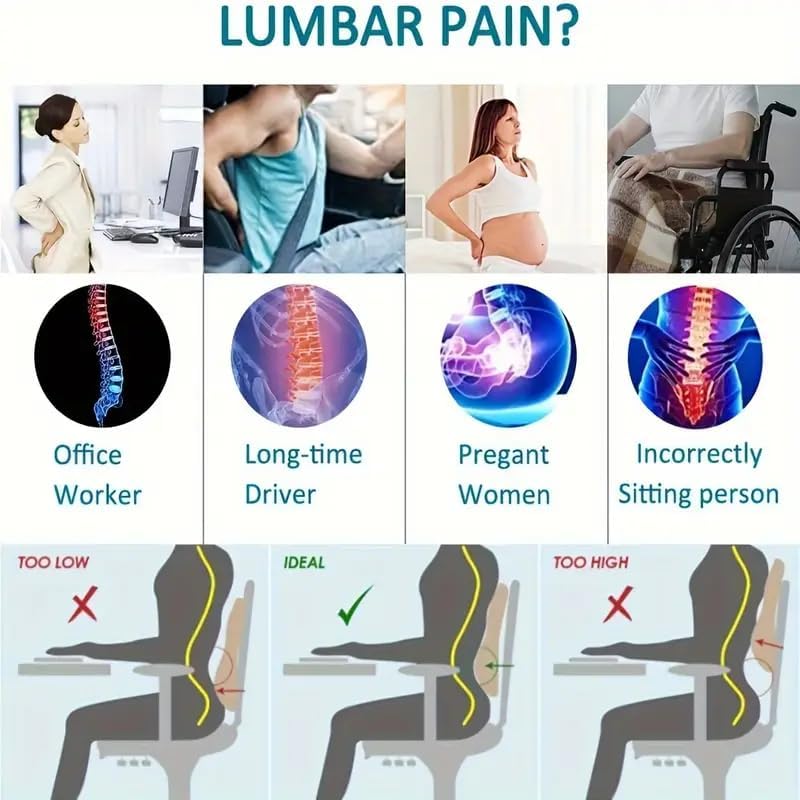 Lumbar Support Pillow，Memory Foam Lumbar Pillow for Lower Back Pain Relief，with Ventilated Mesh and Adjustable Strap， for Office Chair, Car Seat - Black