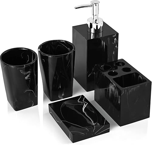 Juego de accesorios de baño, 5 piezas de mármol con aspecto de mármol, juego de accesorios de baño de resina con dispensador de jabón, soporte para