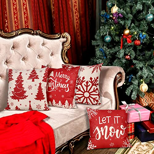 Butyhome Christmas Pillow Covers 18X18 Set Of 4 Red Throw Pillowcase Christmas Decorations Snowflake Farmhouse Linen Cushion Pillow Case For Home Decor Holiday Decorative #TOP4