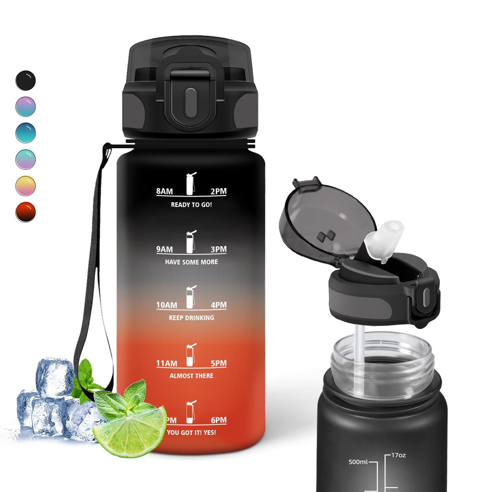 Grsta Drinking Bottle, 500 ml Children's Drinking Bottle, Bottle with Straw, Can Be Carried, Leak-Proof with Motivational Slogan, Water Bottle for School, Office, Camping, Running, Black Red