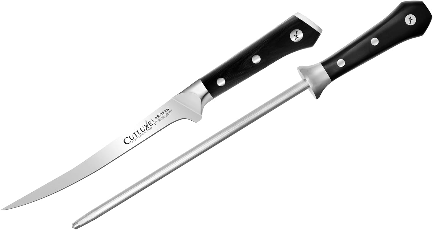 Cutluxe 7" Fillet Knife for Fish & Meat with 10" Honing Rod - Flexible High Carbon German Steel, Full Tang Ergonomic Handle Design