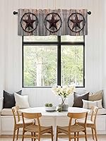 Vista 3 de Cortina de cenefas de estrella de campo occidental para cocina, cafetería, estrellas de hierro rústico sobre puerta de granero de madera, cenefa