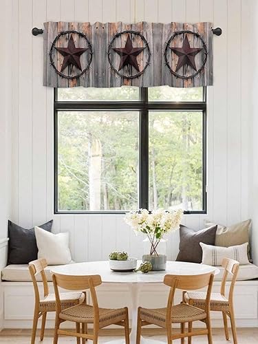 Miniatura 3 de Cortina de cenefas de estrella de campo occidental para cocina, cafetería, estrellas de hierro rústico sobre puerta de granero de madera, cenefa