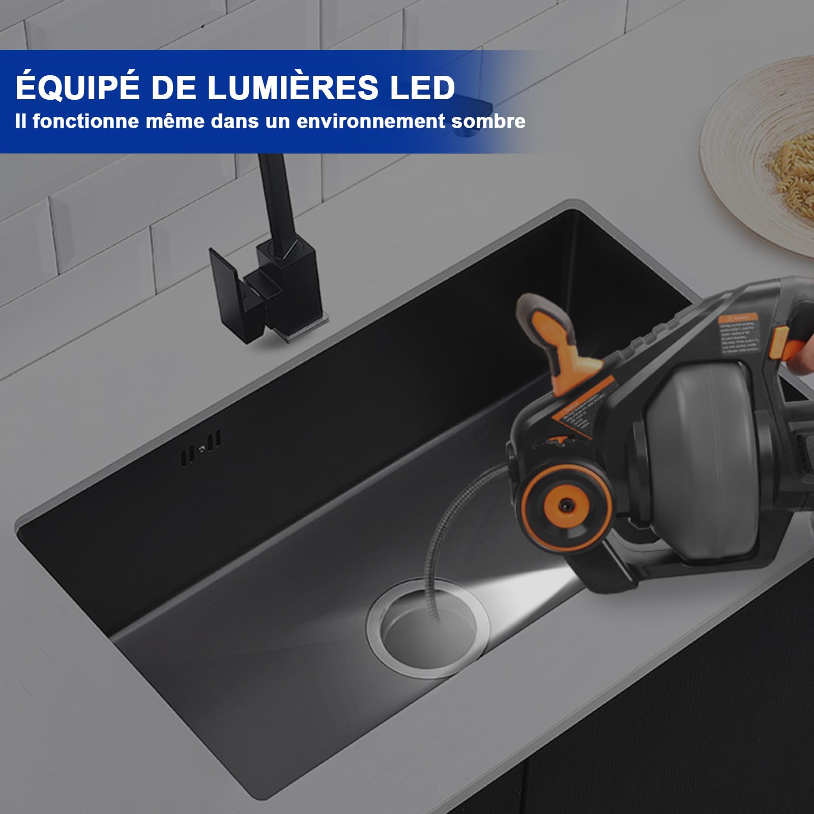 Furet Déboucheur de Canalisation avec Batterie de 2,0Ah et Serpents de Plomberie de 7,6m, Serpent de vidange Électrique pour Déboucher les Toilettes, Les Égouts, la Salle de Bain
